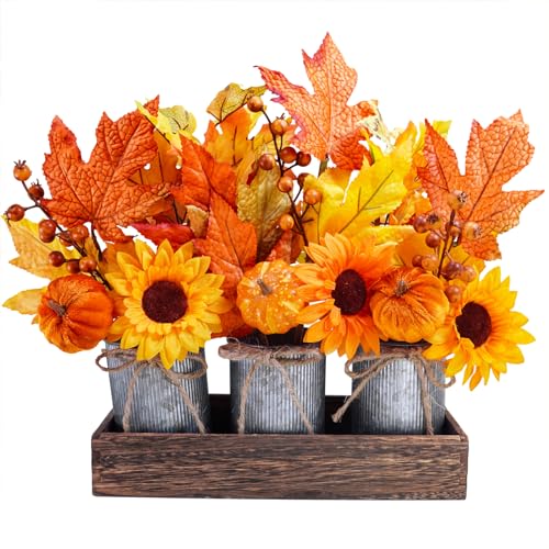 Winlyn Set of 3 Small Potted Maple Arrangement Artificial Maple Leaf Branches Faux Fall Picks and Sprays in Rustic Galvanized Metal Pots with Decorative Wood Tray