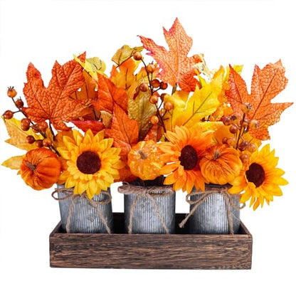 Winlyn Set of 3 Small Potted Maple Arrangement Artificial Maple Leaf Branches Faux Fall Picks and Sprays in Rustic Galvanized Metal Pots with Decorative Wood Tray