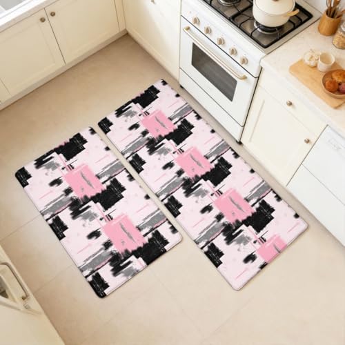 Feelyou Abstract Art Cushioned Rugs Kitchen 2PCS 32x29 32x47 Waterproof - color: Pink Grey Black