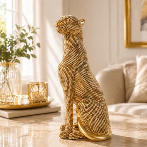 Shlinuo Cheetah Statue Home Decor, Resin Leopard Figurine with Beaded Texture, Modern Panther Sculpture for Living Room Office Bookshelf, Gold Silver Blue Black Decorative Ornament Gift（Gold） - color: Gold