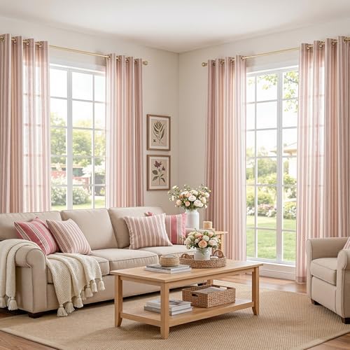 MYSKY HOME Red Striped Linen Curtains for Girls Bedroom 84 Inches 2 Panels - color: B-red, size: 52"W x 84"L (Pack of 2)
