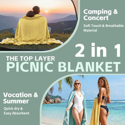 RYCHIC 2 in 1 Extra Large Outdoor Rug Picnic Blanket Camping Mat Lightweight Oversized Giant Turkish Boho Beach Mexican Serape Baja Cobijas Mexicanas para Mesa Park Stadium Outside Grass Hammock - color: Yellow, size: 70''*70''