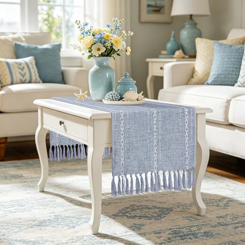 Dusty Blue Table Runner Short 15.7 x 36 inch, Blue and White Summer Coastal Coffee Table Cover, Boho Small Table Cloth, Dresser Runner Scarf for Nightstand, End Table, Rustic Farmhouse Home Decor - color: Dusty Blue, size: 36 inch