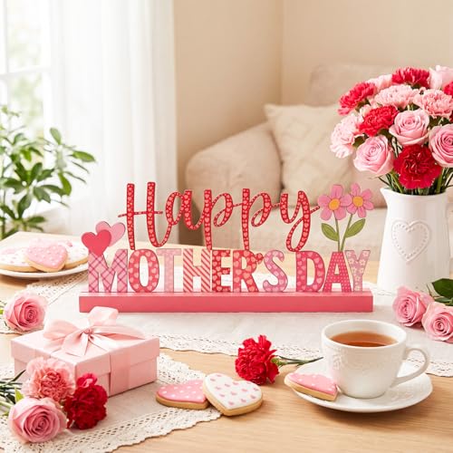 Yaocom 13.78 Inch Metal Happy Mothers Day Sign Mother's Day Table Decorations Holiday Tiered Tray Letter Sign Mom Table Centerpiece with Wooden Base for Home Shelf Mantel Office Kitchen Party Decor - style: Mothers Day