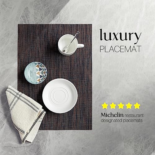 LEXMORE Placemats Set of 6 Vinyl/Plastic Woven Place Mats for Kitchen Table Indoor/Outdoor Washable Placemat Wipeable Dining Table Mats(Black/Brown) - color: A-brown/Black