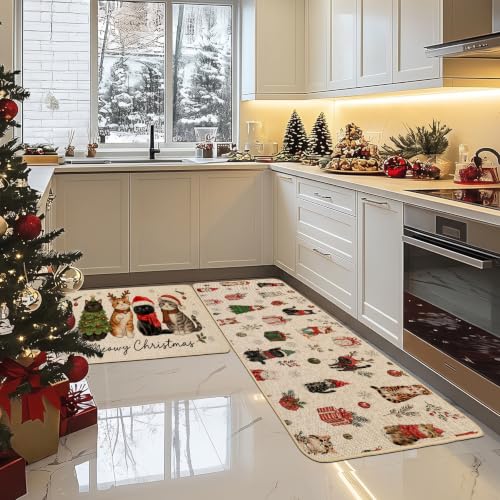 Baccessor Meowy Christmas Kitchen Rugs Set of 2 Cats 17x29 and 17x47 Inch - color: Cute Cats