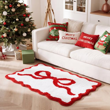 Tinideya Red Bow Bathroom Rug 20" x 32" Scalloped Bow Bath Mat - color: Red, size: 12" x 1'1"