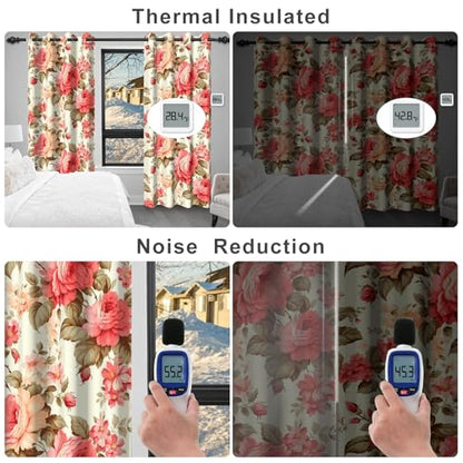 Pink Rose Blackout Curtains for Girls Room and Nursery, Floral Living Room Darkening Curtains 84 Inch Long 2 Panels Set, Spring and Summer Soundproof Thermal Insulated Bedroom Curtains with Tiebacks - color: Pink Peonies