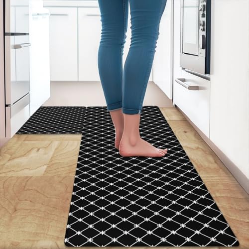 Feelyou Black White Geometric Kitchen Rugs Sets 2PCS Easy Geometric Stripe Line Kitchen Mats for Floor Modern Art Cushioned Anti Fatigue Simple Style Waterproof Non-Slip Rugs Accessories - color: Black White
