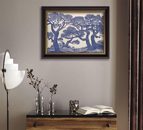 Vintage Gold Framed Wall Art Oak Tree Forest Painting Canvas Prints Blue Woodland Nature Landscape Picture Moody Botanical Poster Artwork for Living Room Bedroom, 9x11in - color: Blue Oak Tree, size: 11"L x 9"W