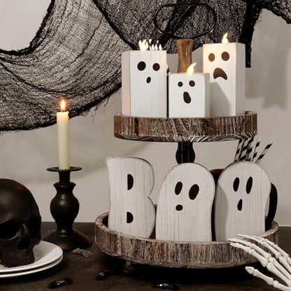 Halloween Decorations: 3pcs Cute White Ghost Decor, Farmhouse Wooden Ghost Sign with Flameless LED Tea Lights, Rustic Room Decor for Kids Home Office School Desk Fireplace - style: Tea Lights Ghost