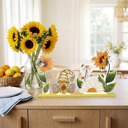 Smile Summer Indoor Decorations Wooden Decor, Sunflower Gnome, Sign for Home Tabletop Centerpiece Mantel Shelf Fireplace - style: Summer Sunflower
