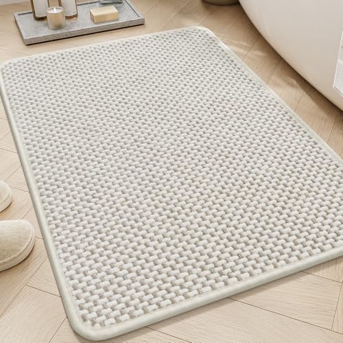 AMOAMI Chenille Bath Mat Super Absorbent Bathroom Mat Quick Dry Bath Mats for Bathroom Rubber Backed Bathroom Rugs Non Slip Washable Fit Under Door, Front of Bathtub, Sink, Beige&White 17"x24" - color: Beige&white, size: 17" x 24"