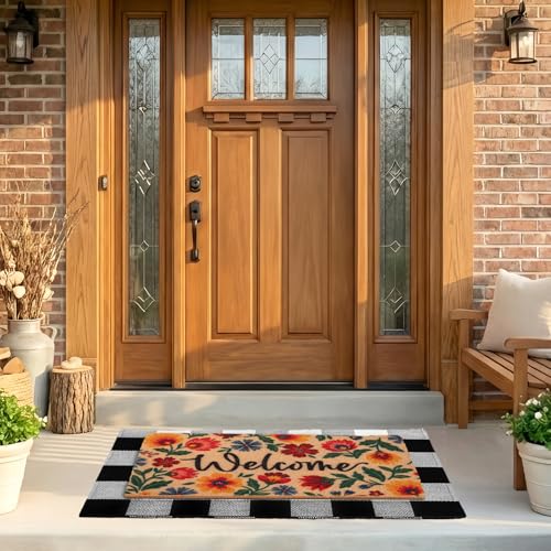 2-Piece Layered Welcome Mat Set - Coir Doormat & Buffalo Plaid Rug - color: Spring Flower 2