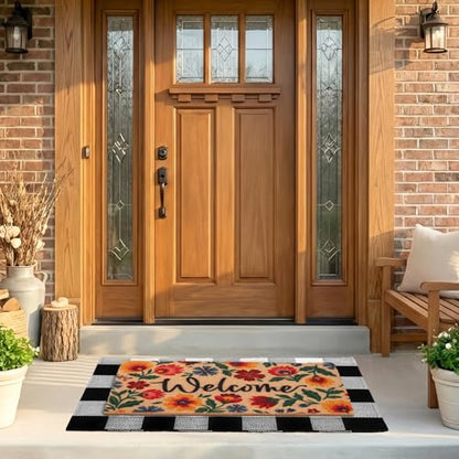 2-Piece Layered Welcome Mat Set - Coir Doormat & Buffalo Plaid Rug - color: Spring Flower 2