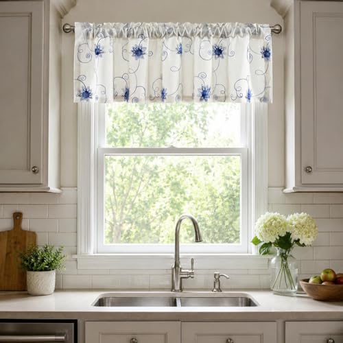 VOGOL Blue Floral Vine Embroidered Window Valance, 52 x 14, 1 Panel - color: Hy-blue, size: 52"W x 14"L (Pack of 1)