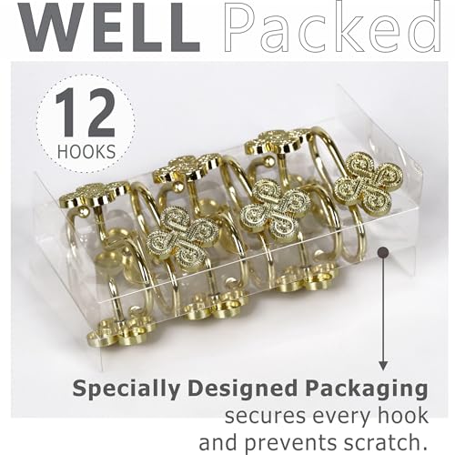 Brass Gold Shower Curtain Hooks: Rust Proof Metal Curtain Rings, 12Pcs - color: Gold
