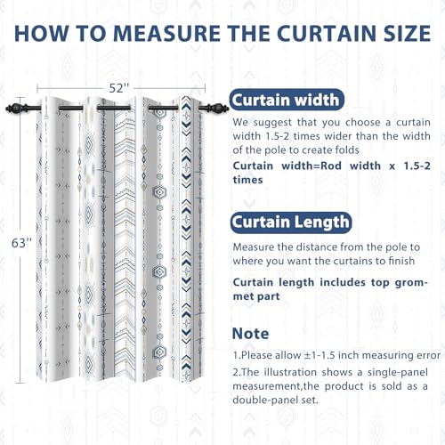Boho Blue and White Geometric Striped Blackout Curtains for Living Room Bedroom 63 Inch Length 2 Panel Set, Western Room Darkening Patterned Grommet Window Drapes - color: Blue Stripe, size: 52"W x 63"L (Pack of 2)
