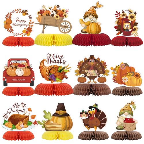 NatNarr 12PCS Thanksgiving Table Decorations Thanksgiving Centerpieces for Tables Autumn Honeycomb Centerpiece Fall Table Toppers Turkey Centerpiece Decor for Birthday Party Supplies - style: Thanksgiving