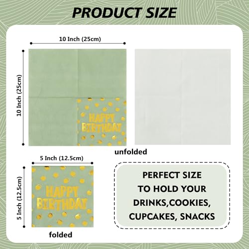 Vuzvuv 52 Pack Birthday Cocktail Napkins with Cute Dots Gold Stamping - Happy Birthday Party Dinner Hand Napkin for Party Supplies Decorations Table Decor for women man(5" Folded 3 Ply-Sage Green) - color: Polka Dot Sage Green