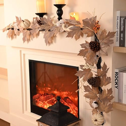 Valery Madelyn Fall Maple Leaves Garlands for Mantle, 6ft Halloween Garlands with Pumpkins Lights for Table Centerpiece, Thanksgiving Harvest Decorations for Home Mantle Fireplace Outdoor Decor-Beige