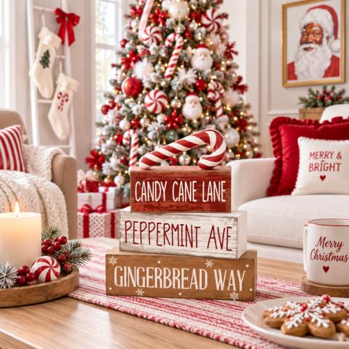 Moucuny 4 Pcs Christmas Table Decor Candy Cane Lane Sign, Wood Block Set - style: Candy Cane Lane