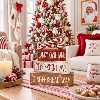 Moucuny 4 Pcs Christmas Table Decor Candy Cane Lane Sign, Wood Block Set - style: Candy Cane Lane