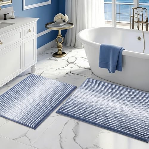 BSICPRO Bathroom Rugs Sets 2 Piece, Non Slip Striped Bath Mats, Denim Blue - color: Denim Blue, size: 20" x 32" Plus 16" x 24"