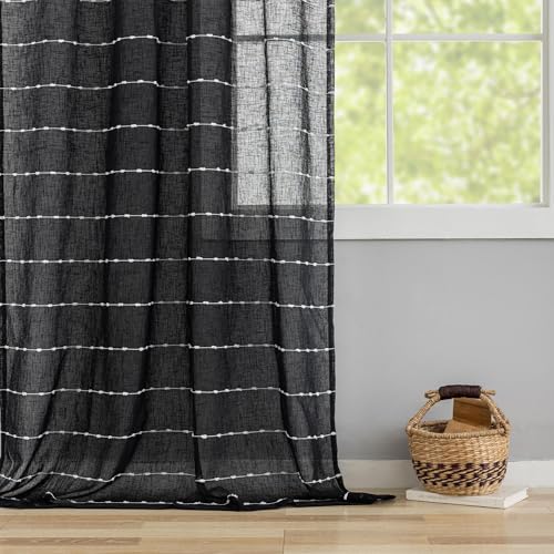 Black Sheer Curtains 72 Inch Faux Linen Boho Striped 2 Panels - color: Black, size: 52"W x 72"L (Pack of 2)