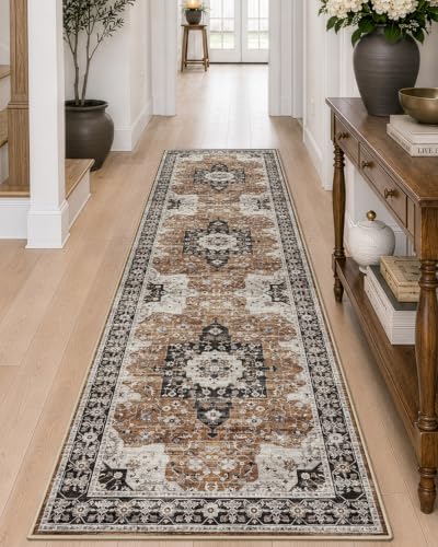 DEXI 3x10 Runner Rug for Hallway Non Slip Washable, Vintage Floral, Brown - color: Brown, size: 3' x 10' (Runner)