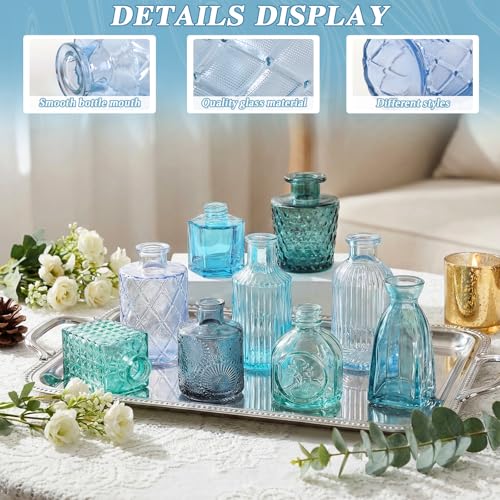 Set of 15 Blue Glass Bud Vases Small Textured Flower Vases - color: Blue