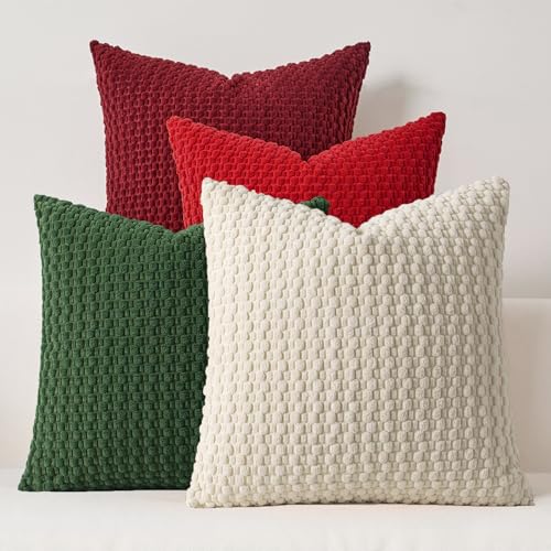 Kevin Textile Christmas Throw Pillow Covers Pack of 4 Super Soft Boho Corduroy Decor Pillow Cases Mix and Match Colors Plush Texture Pillows for Sofa Couch Living Room Chair 18x18 Inch, Red Green - color: A-red Green, size: 18" x 18" (Pack of 4)
