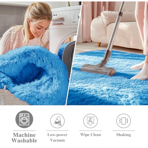 OLANLY Bright Blue Round Rugs for Bedroom - Machine Washable, 2 ft Circle Area Rugs for Living Room, Soft and Fluffy Shaggy Carpet for Teen Girl and Boys, Nursery Rooms, Dorms, Home Decor Aesthetic - color: Bright Blue, size: 2 Ft Round