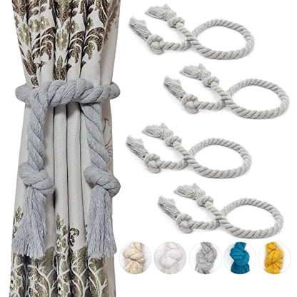 4 Pack Curtain Ties Rope, Outdoor Curtain Tiebacks, Natural Cotton Curtain Holders, Village Rustic Farmhouse Curtain Holdbacks, Nautical Curtain TieBacks for Patio Pergola Drapes, Grey - color: Grey Rope 4 Pack