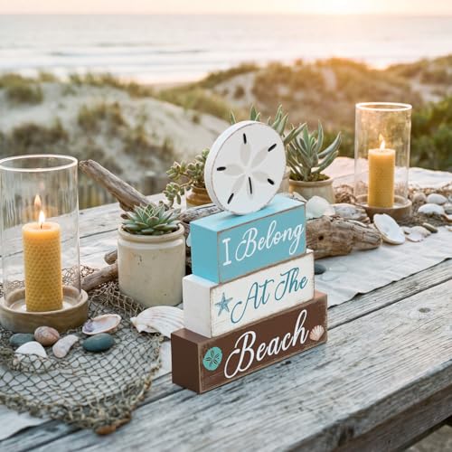 GlikCeil 4 Pcs Beach Coastal Tiered Tray Decor Summer Sand Dollars Wooden Table Centerpieces Blocks Wooden Ocean Blocks Decorations Table Top Sign Decor for Farmhouse, Beach House, Tables Centerpiece - style: Coastal