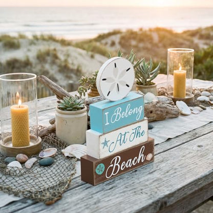 GlikCeil 4 Pcs Beach Coastal Tiered Tray Decor Summer Sand Dollars Wooden Table Centerpieces Blocks Wooden Ocean Blocks Decorations Table Top Sign Decor for Farmhouse, Beach House, Tables Centerpiece - style: Coastal