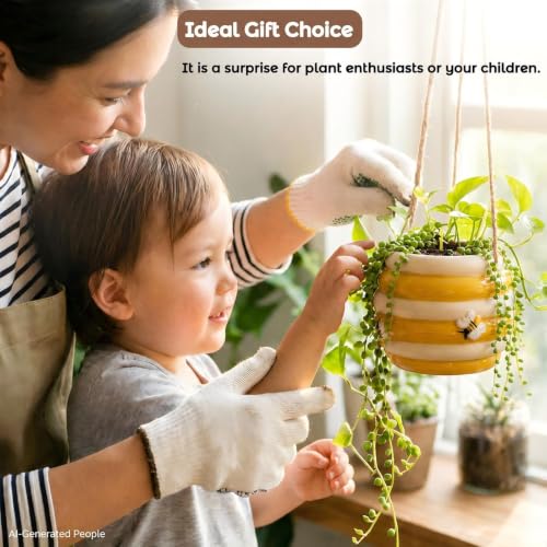 Hanging Ceramic Planter 5 Inch Cute Bee Plant Pots - color: Yellow