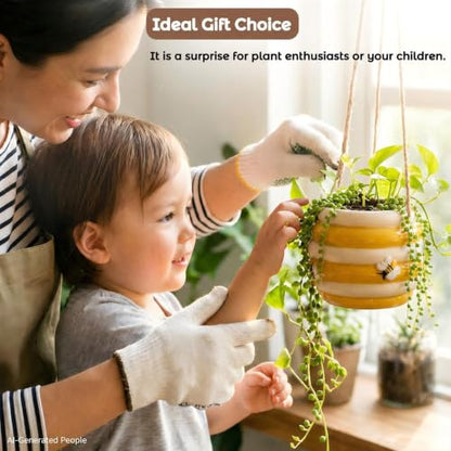 Hanging Ceramic Planter 5 Inch Cute Bee Plant Pots - color: Yellow