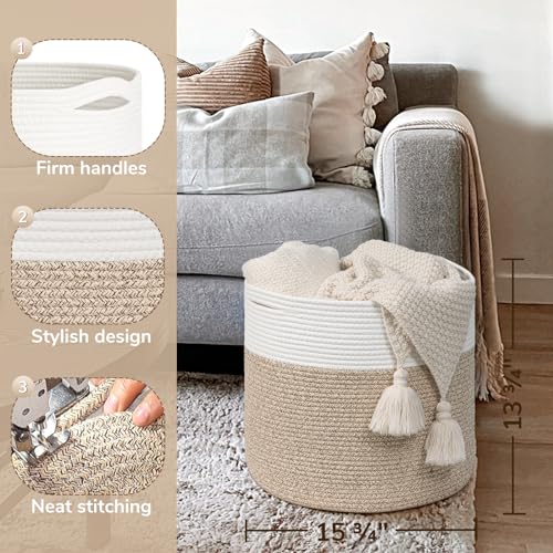 Goodpick Woven Rope Basket for Blankets Fit Nursery & Living Room, 45L - color: Light Brown, size: 15.8x15.8x13.8 Inch (Pack of 1)