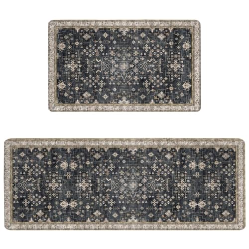 Boho Cushioned Anti Fatigue Mats for Kitchen Floor,Modern Farmhouse Charcoal Floral Non-Slip Water Resistant Runner Comfort Foam Standing Rugs Non Skid for Home Sink,Office,Laundry 17"x47"+17"x30" - color: 2026 Anti Fatigue Mats 6
