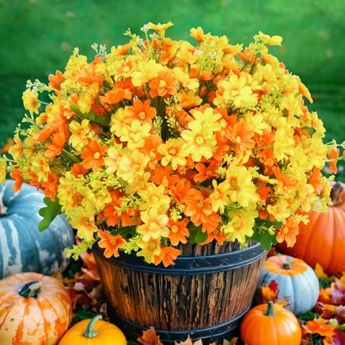Uieke Artificial Flowers for Outdoors, 12 Bundles Daisy Mums Flowers, Orange Yellow - color: Yellow,orange, size: 12
