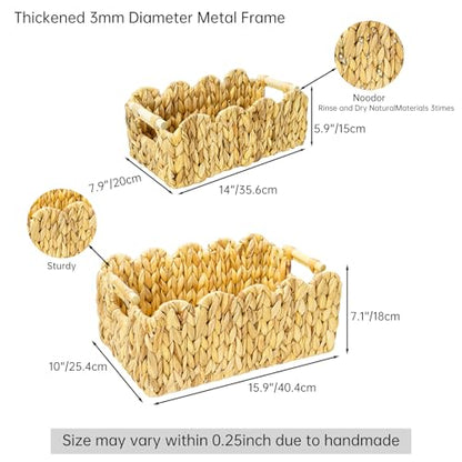 2Pack Scalloped Edge Wicker Basket,Hand-Woven Rattan Baskets with Wooden Handles,Natural Water Hyacinth Basket for Laundry,Shelves,Decorative Basket