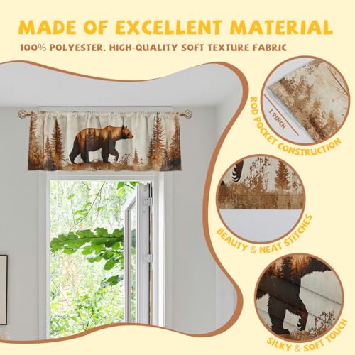 Vintage Bear Valance Curtain for Windows 2 Pack Wildlife Forest Country Nature Rod Pocket Printed Curtain Valances Short Tier Curtains for Living Room Bathroom Bedroom 54x18 Inch - color: Vintage Bear