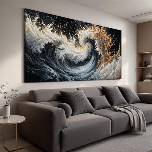 Blue And Gold Ocean Landscape Canvas Wall Art Decor For Living Room - color: blue gold, size: 58"L x 29"W