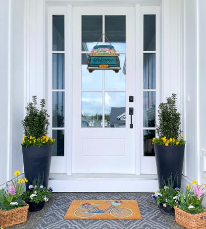 Interchangeable Welcome Sign for Front Door Blue Farmhouse Truck Decor Hanging Sign with 11 Interchangeable Seasonal and Holiday Decor Signs 12x14 in. (Blue Farmhouse Truck) - style: Farmhouse