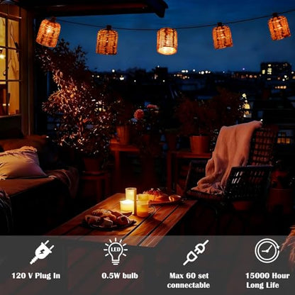 Rustic Lantern String Light, Natural Handwoven Rattan Cage, Plug in & Connectable Lights- Oven Brown Wicker - color: Oven Brown Rattam