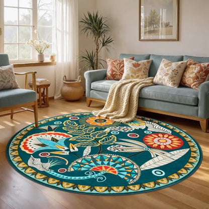 Joydeco Egypt Floral 5FT Round Rug, Washable Circle Bedroom Playroom Rug - color: Dark Green, size: 5' (Round)