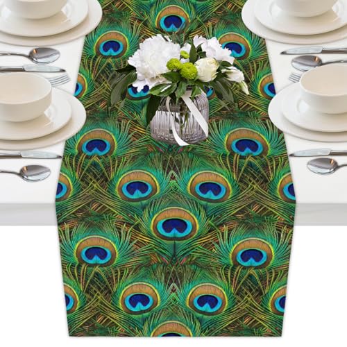 AUUXVA Table Runner Peacock Feather Durable Luxury Dresser Scarf Tabletop Cloth for Wedding Dining Table Holiday Party Kitchen Home Decoration 13x90in - color: Peacock Feather, size: 13x90(in)