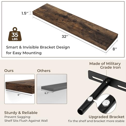 RICHFOCUS Bathroom Floating Shelves for Wall 2Pack|Rustic Brown|32" L - color: Rustic Brown, size: 31.5"L x 8"D, Set of 2