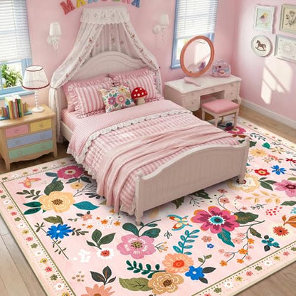 RELEANY Floral Washable 7x9 Area Rugs Pink - color: Pink, size: 7' x 9' (Rectangular)
